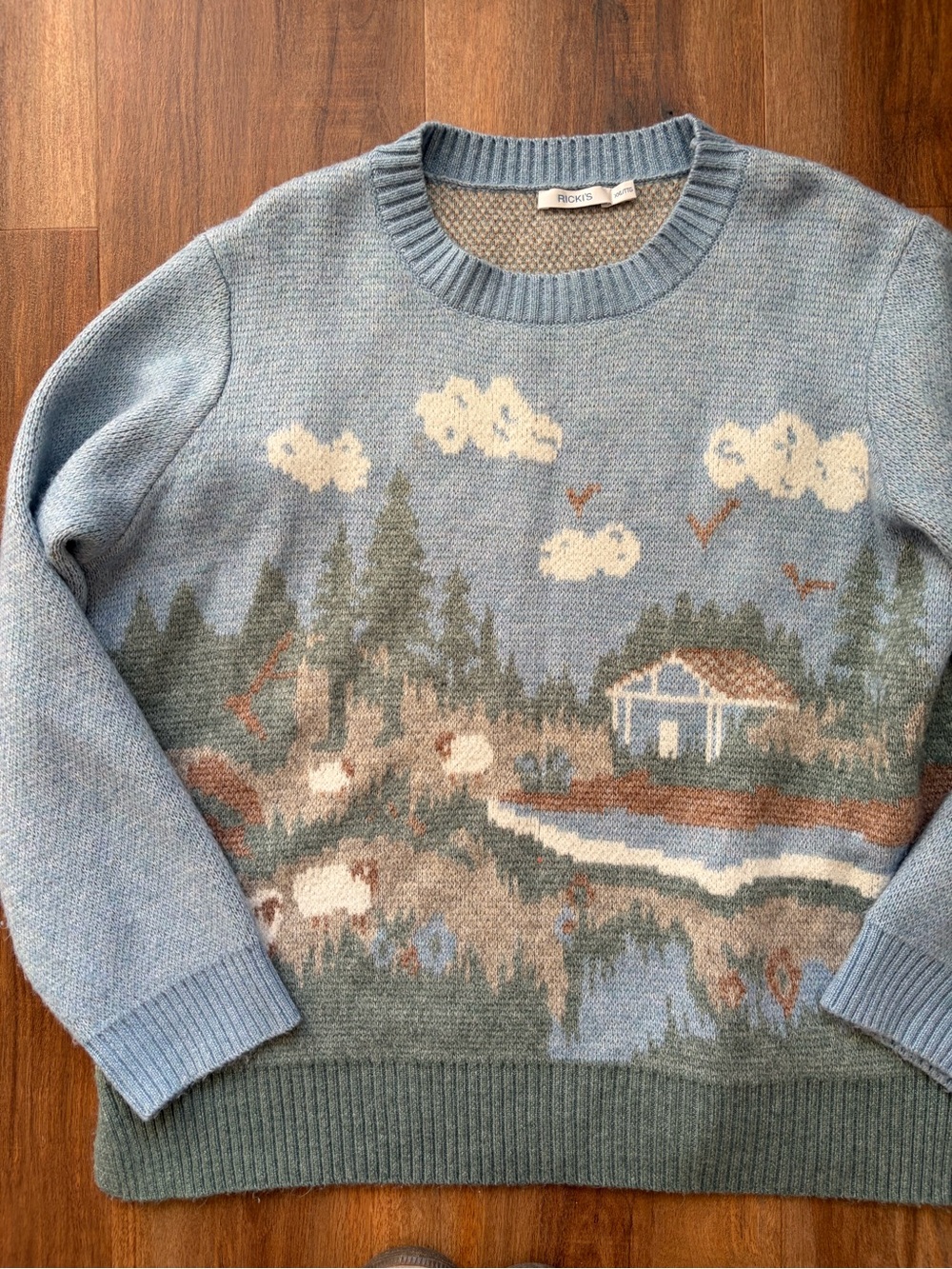 Ricki’s Scenic Landscape Sweater Blue Cottagecore Knit Granola Gorpcore Crunchy - Picture 4 of 9